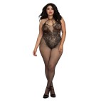 Bodystocking Grande taille résille dans un style Body avec magnifique décolleté à lanières - DG0326XBLK