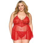 Nuisette grande taille rouge en résille et dentelle florale, string assorti - DG13524XRED