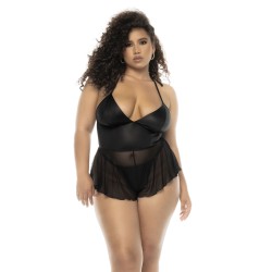 Body effet babydoll Pearl grande taille en wetlook noir et résille, bretelles réglables, zip fonctionnel au dos -...