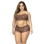 Ensemble 2 pièces en dentelle grande taille, top à bretelles et shorty couleur cacao - MAL206XCOCO