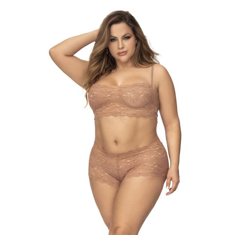 Ensemble 2 pièces en dentelle grande taille, top à bretelles et shorty couleur taupe - MAL206XTAUP