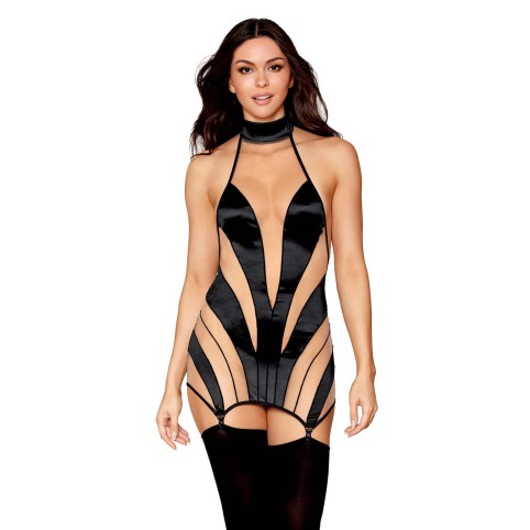 Nuisette stylée noire et transparence avec porte-jarretelles - DG13376BLK