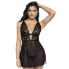 Nuisette avec large décollectée en dentelle et résille noire et string assorti - MAL7500BLK