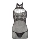 Petite robe en résille noire, sans couture, avec dentelle sur la poitrine. String assorti - R27167551101