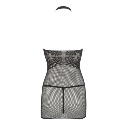 Petite robe en résille noire, sans couture, avec dentelle sur la poitrine. String assorti - R27167551101