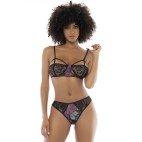 Deux-en-un, nuisette et ensemble trois pièces noir, tissu fleur exotique - MAL7496PRT