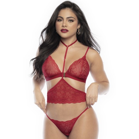 Ensemble lingerie trois pièces en dentelle rouge imprimée de cœurs - MAL8813RED