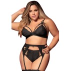 Ensemble 3 pièces noir grande taille  soutien-gorge string porte-jarretelles - MAL8221XBLK