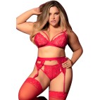 Ensemble 3 pièces rouge grande taille  soutien-gorge string porte-jarretelles - MAL8221XRED