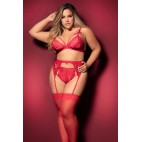 Ensemble 3 pièces rouge grande taille  soutien-gorge string porte-jarretelles - MAL8221XRED