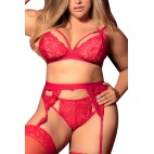 Ensemble 3 pièces rouge grande taille  soutien-gorge string porte-jarretelles - MAL8221XRED