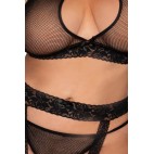 Ensemble grande taille, sexy, trois pièces en résille et dentelle - DG0375XBLK