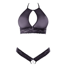 Soutien-gorge bandeau, en dentelle et résille noire et string ouvert - R2213648