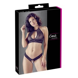 Soutien-gorge bandeau, en dentelle et résille noire et string ouvert - R2213648