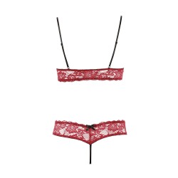 Soutien-gorge, bonnets ouverts, en dentelle rouge et string assorti - R2212447