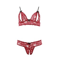 Soutien-gorge, bonnets ouverts, en dentelle rouge et string assorti - R2212447