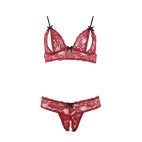 Soutien-gorge, bonnets ouverts, en dentelle rouge et string assorti - R2212447