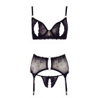 Soutien-gorge dentelle, porte-jarretelles et string ouvert noir - R2213052