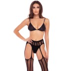 Ensemble 3 pièces soutien-gorge, porte jarretelles bas et string - REN7096-BLK