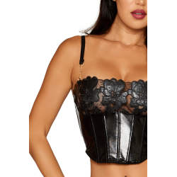 Bustier noir avec armatures en simili cuir, string assorti - DG13655BLK