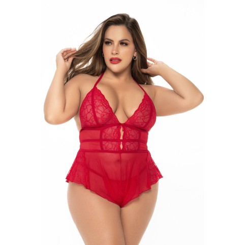 Body rouge grande taille effet babydoll et string assorti - MAL7445XRED