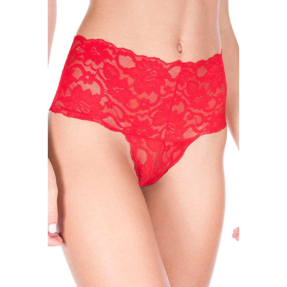 Tanga string rouge taille haute large bande de dentelle florale - ML10021RED