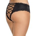 Tanga grande taille noir satiné bordures dentelle ajouré sur les fesses - DG1434XBLK