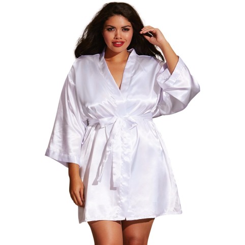 Kimono satin, ceinture attachée, nuisette et cintre assorti - DG3717XWHT