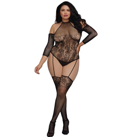 Bodystocking grande taille résille effet bas jarretelles - DG0310XBLK