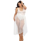 Body string grande taille blanc échancré dentelle avec jupe de maille transparente amovible - DG10996XWHT