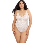 Body string grande taille blanc échancré dentelle avec jupe de maille transparente amovible - DG10996XWHT