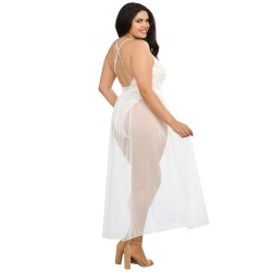 Body string grande taille blanc échancré dentelle avec jupe de maille transparente amovible - DG10996XWHT