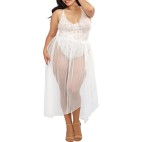 Body string grande taille blanc échancré dentelle avec jupe de maille transparente amovible - DG10996XWHT