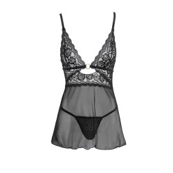 Nuisette noire en dentelle et résille transparente avec string - R2741334