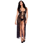 Nuisette déshabillée longue noire ouverte dentelle florale et string - ML53009BLK