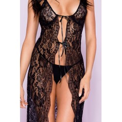 Nuisette déshabillée longue noire ouverte dentelle florale et string - ML53009BLK