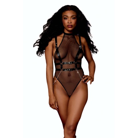 Body en résille avec Harnais simili cuir et chaines - DG13291BLK