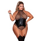 Body grande taille large résille et porte jarretelle simili cuir avec chainettes - DG12495XBLK