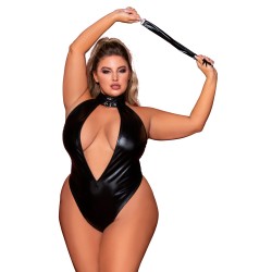 Body en simili cuir grande taille, extensible avec col clouté et fouet - DG12450XBLK