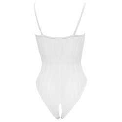 Body string en résille transparente et dentelle blanche, ouvert à l'entrejambe - R26426382101