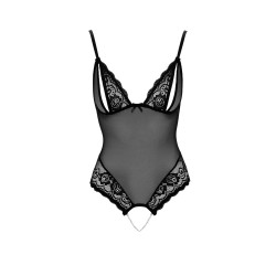 Body string en dentelle et résille noire avec perles à l'entrejambe - R2642425