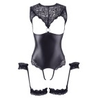 Body en dentelle et simili cuir ouvert avec menottes -  OR2642239BLK