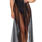 Body string noir échancré dentelle avec jupe de maille transparente amovible - DG10996BLK