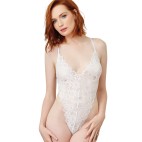 Body string blanc échancré dentelle avec jupe de maille transparente amovible - DG10996WHT