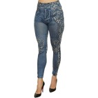 Legging bleu effet jean délavé imprimé léopard - FD1017