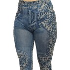 Legging bleu effet jean délavé imprimé léopard - FD1017