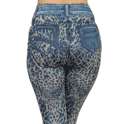 Legging bleu effet jean délavé imprimé léopard - FD1017