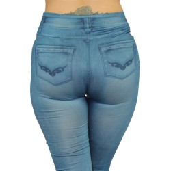 Legging bleu style jean moulant avec impressions sur poches - FD1018