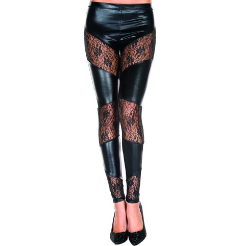 Legging noir wetlook avec bandes de dentelle florale - MH35134BLK