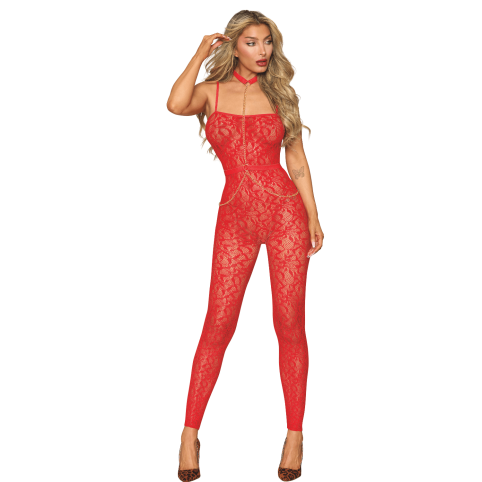 Bodystocking sans couture, fantaisie rouge avec chainettes amovibles - DG0518POI